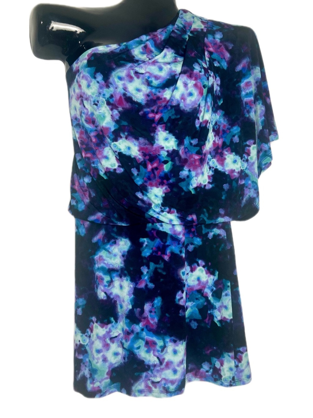 One-Shoulder Floral Watercolor Mini Dress in Navy, Teal & Purple